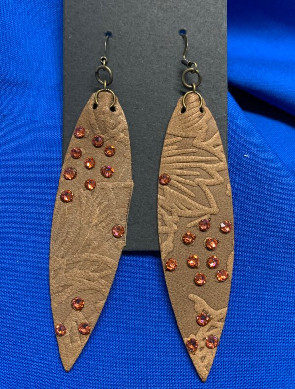 Leather Austrian Crystal Earrings, Leaf